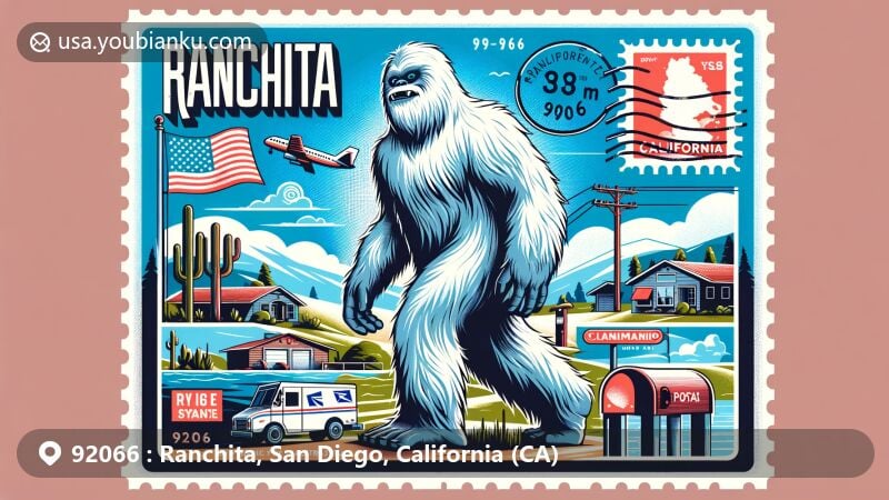 Modern illustration of Ranchita, California, showcasing the Rancheti statue surrounded by California state flag and postal elements with ZIP code 92066.