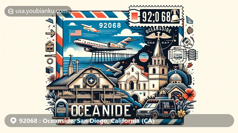 Modern illustration of Oceanside, CA, highlighting scenic beauty and cultural landmarks, featuring Oceanside Pier, Top Gun House, and Mission San Luis Rey in a postal theme with ZIP code 92068. The design incorporates California state flag, stamps, and postmark, along with mailboxes and mail delivery vehicles, conveying a blend of history, culture, and postal elements.