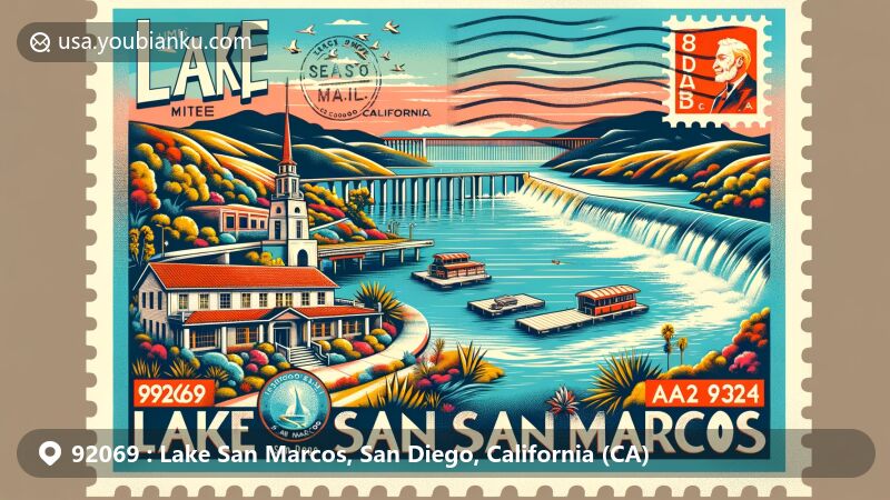 Modern illustration of Lake San Marcos, San Diego County, California, highlighting the unique charm and attractions of the area, including Lake San Marcos's recreational and commercial use, Discovery Lake's natural beauty, and Double Peak Park. The artwork incorporates local landmarks and cultural symbols like the Lakehouse Hotel, the dam overflow, and postal elements such as a vintage air mail envelope border, a stamp featuring California State University San Marcos or Palomar College, and a postmark with the ZIP code 92069.