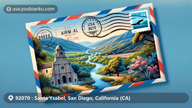 Modern illustration of Santa Ysabel, San Diego, California, highlighting postal theme with ZIP code 92070, featuring historic Santa Ysabel Mission.