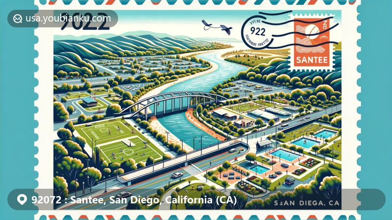 Modern illustration of Santee, San Diego County, California, showcasing Town Center Community Park, Santee Lakes Regional Park, and San Diego River greenbelt with Mission Trails Regional Park, integrated with postal elements and outdoor activities.