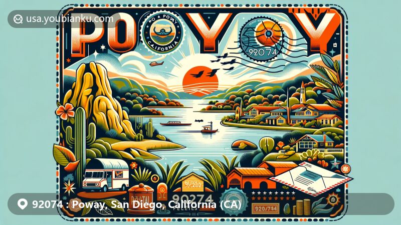 Modern illustration of Poway, California, inspired by postal theme, showcasing Potato Chip Rock, Lake Poway, and lush hiking trails, designed like a postcard with stamps and mail truck, featuring ZIP code 92074.