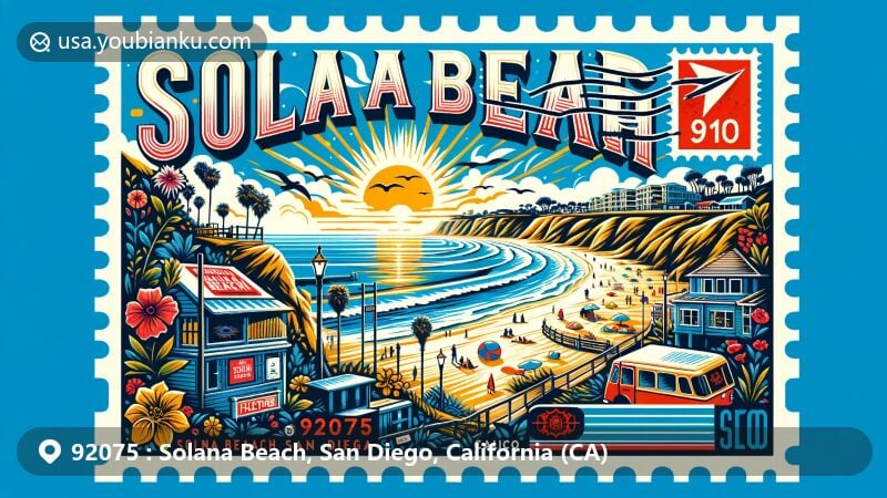 Modern illustration of Solana Beach, San Diego, California, featuring iconic elements like Fletcher Cove and Tide Beach Park, styled as a creative postcard with postal theme and ZIP code 92075.