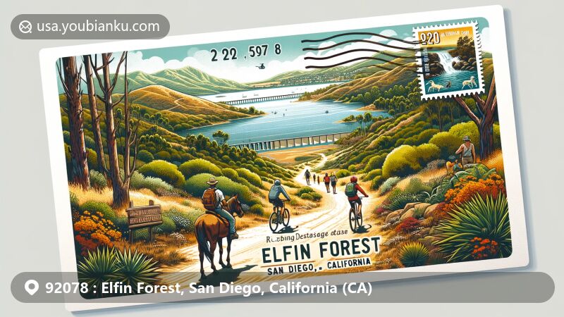 Artistic illustration of Elfin Forest in San Diego, California, featuring the unique landscape of Elfin Forest Recreational Reserve, Olivenhain Dam and Reservoir, and outdoor activities like hiking, horseback riding, and mountain biking.