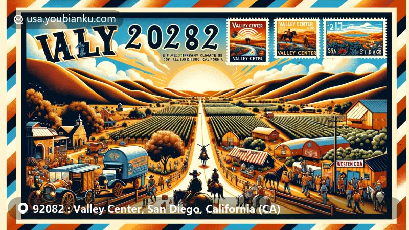 Modern illustration of Valley Center, San Diego, California, embodying warm-summer Mediterranean climate landscape with rolling hills, vineyards, and rural charm. Features western heritage elements like cowboy hats and horses, framed by vintage air mail envelope with local landmark stamps, highlighting ZIP code 92082 and Valley Center name.