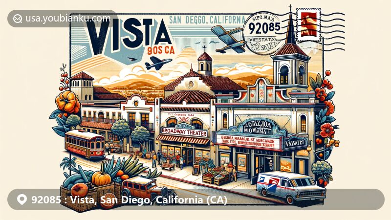 Creative illustration of Vista, San Diego County, California, blending local landmarks like Broadway Theater, Vista Farmers' Market, and Rancho Guajome Adobe with postal elements, including vintage air mail envelope and stamps, all tied together with a postmark bearing ZIP code 92085.