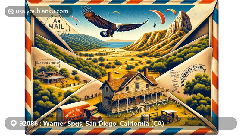 Modern illustration of Warner Springs, California, showcasing postal theme with ZIP code 92086, featuring Eagle Rock, Warner-Carrillo Ranch House, and Pacific Crest Trail.