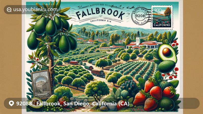 Modern illustration of Fallbrook, California, in San Diego County, showcasing natural beauty, postal elements, and local symbols including avocado groves, olives, strawberries, Fallbrook Gem and Mineral Museum, oak trees, and chaparral brushland.
