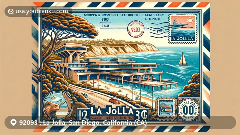 Modern illustration merging La Jolla, San Diego, California, with postal theme, featuring Geisel Library, ocean bluffs, and vintage postal elements, emphasizing coastal beauty and scientific legacy.