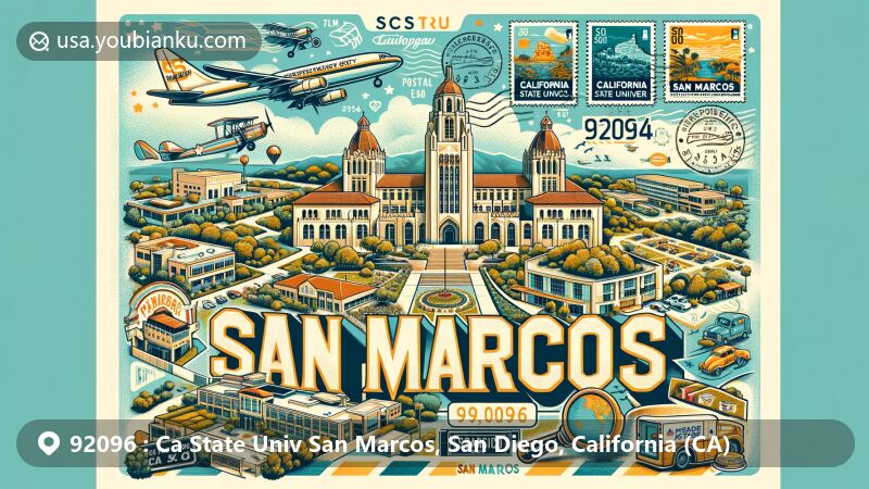 Modern illustration of California State University San Marcos, featuring Kellogg Library, San Marcos cityscape, vintage air mail envelope, stamps, and a postmark with ZIP code 92096.