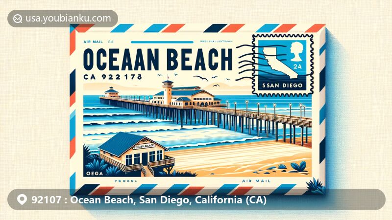 Artistic representation of Ocean Beach Municipal Pier in San Diego, CA, featuring air mail envelope with 'Ocean Beach, CA 92107', postage stamp of Pier and CA state flag.