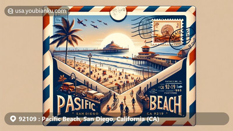 Captivating illustration of Pacific Beach in San Diego, California, displayed in a vintage airmail envelope, featuring Oceanfront Boardwalk, Crystal Pier stamp, and 'Pacific Beach, CA 92109' postmark.