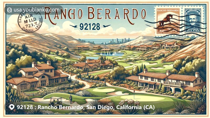 Modern illustration of Rancho Bernardo, San Diego, California, focusing on Rancho Bernardo Inn with golf and spa amenities, evoking a peaceful atmosphere. Depicts Captain Joseph Sevenoaks, Battle of San Pasqual, and region's landscapes. Includes nods to technology and major companies like Sony Electronics, set in a vintage postcard theme with ZIP code 92128.