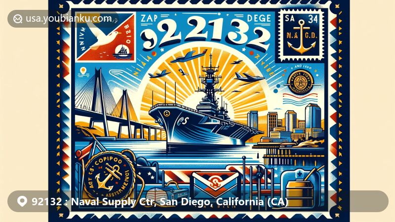 Modern illustration of Naval Supply Center in San Diego, California, representing ZIP code 92132, featuring USS Midway Museum and maritime symbols, in a vibrant and creative style with postal elements.