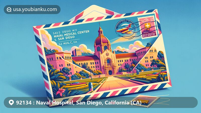 Modern illustration of Naval Medical Center San Diego in Balboa Park, California, featuring pink stucco architecture and lush greenery surroundings, with creative airmail envelope showcasing postal theme and '92134 ZIP Code, Naval Hospital, San Diego, CA'.