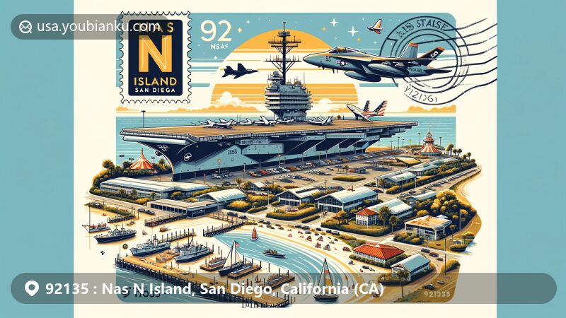 Modern illustration of ZIP code 92135, NAS N Island, San Diego, California, featuring Naval Air Station North Island with USS Abraham Lincoln, USS Carl Vinson, and USS Theodore Roosevelt aircraft carriers, incorporating postal elements like a postage stamp and postal mark.