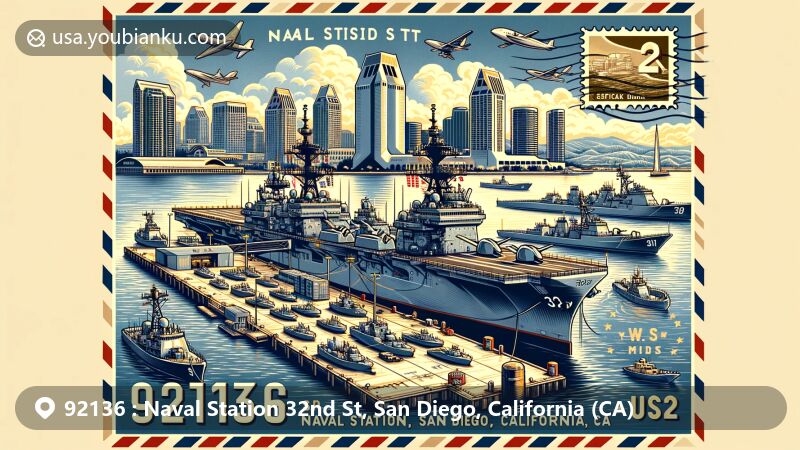 Modern illustration of Naval Station 32nd St, San Diego, California, showcasing naval and maritime heritage with iconic ships, San Diego skyline, postal theme with ZIP code 92136, vintage stamp, and naval activities.
