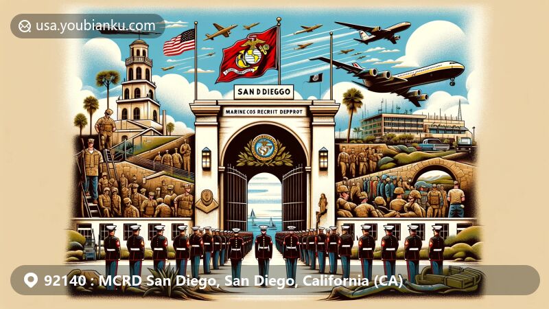 Modern illustration of Marine Corps Recruit Depot (MCRD) San Diego, featuring iconic training facilities and United States Marine Corps symbols.