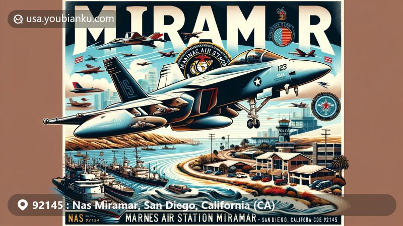 Modern illustration of Nas Miramar area in San Diego, California, portraying Marine Corps Air Station Miramar with F/A-18 Hornet aircraft, reflecting its military aviation significance and evolving community landscape.
