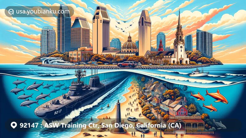 Modern illustration of ZIP code 92147, featuring ASW Training Center and San Diego landmarks like Balboa Park, La Jolla Cove, Gaslamp Quarter, and Cabrillo National Monument.