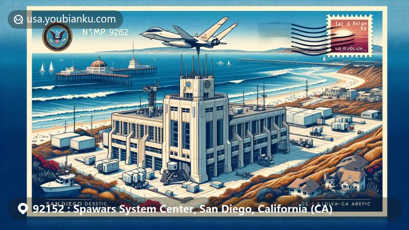 Modern illustration of NIWC Pacific, San Diego, California, featuring iconic building or testing facility, foreground showcasing automated unmanned systems or marine monitoring equipment, background depicting typical San Diego coastline with beach, waves, and distant La Jolla area, corner displaying ZIP code 92152 with postal elements like postmark and stamp.