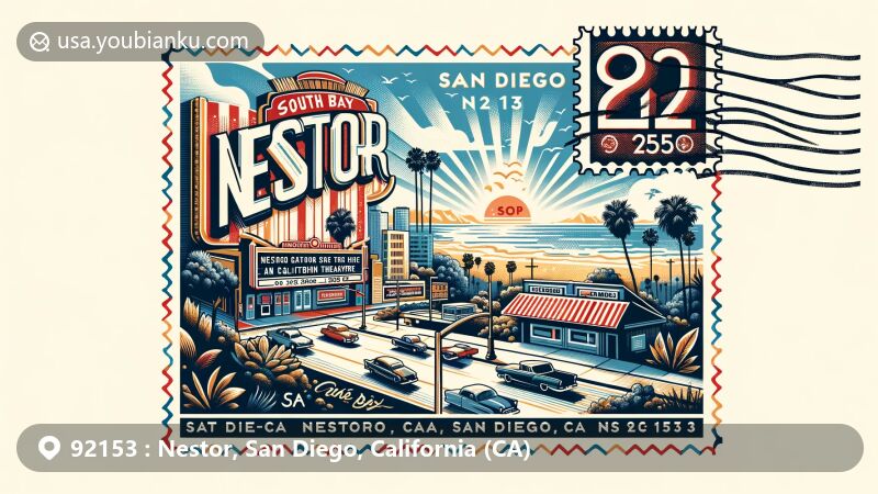 Modern illustration of Nestor, San Diego, California, featuring the iconic South Bay Drive-In Theatre surrounded by residential and coastal landscapes, under beautiful sunny skies with palm trees, integrating postal elements like a vintage postage stamp of the California state flag and a postmark 'Nestor, San Diego, CA 92153'.