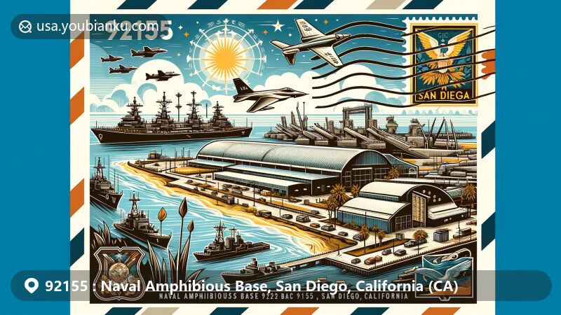 Modern illustration of ZIP code 92155, Naval Amphibious Base Coronado in San Diego, California, featuring unique geographical location and military significance.