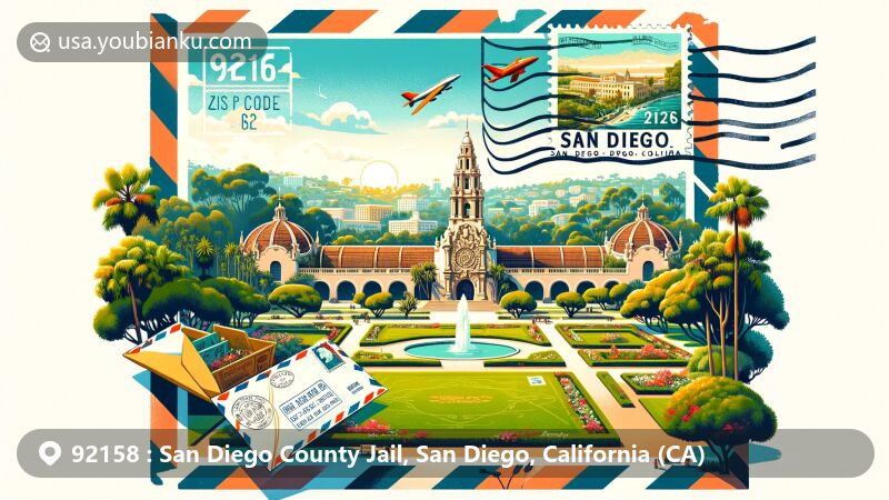 Modern illustration of San Diego County Jail, San Diego, California, showcasing iconic Balboa Park with Spanish-style buildings, lush gardens, and open green spaces. Features postal elements like airmail envelope, vintage stamp of Balboa Park, and postmark 'San Diego, CA 92158'.