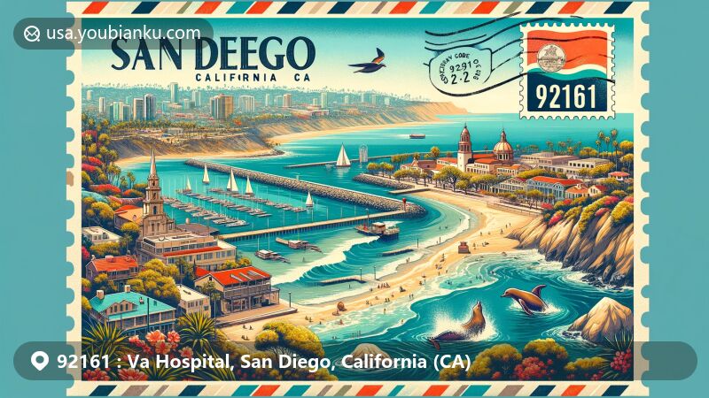Modern illustration of San Diego, California, featuring iconic landmarks like Old Town San Diego State Historic Park, La Jolla Cove with seals and sea lions, Seaport Village, and Torrey Pines State Natural Reserve, showcasing rare pine trees and rugged coastline, designed in a vintage postcard style with a postage stamp of California state flag and a postal mark stating 