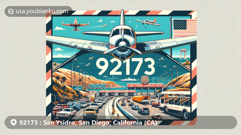 Modern illustration of San Ysidro, San Diego, California, featuring aviation-themed envelope with ZIP code 92173, and San Ysidro Port of Entry, showcasing bustling traffic at the US-Mexico border, including iconic landmarks like San Ysidro Community Park and Cesar Chavez Community Center.