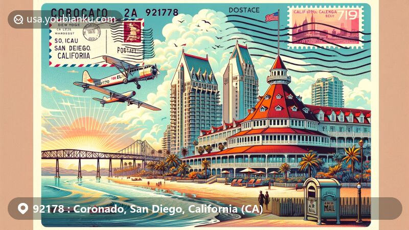 Modern illustration of Coronado, San Diego, California, featuring iconic Hotel del Coronado, Coronado Bay Bridge, and symbols of beautiful beaches with palm trees and sparkling sand.