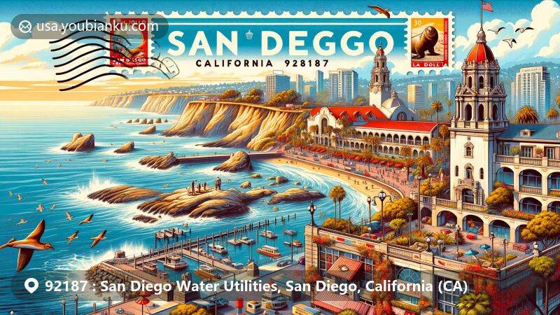 Modern illustration of San Diego, California, showcasing postal theme with ZIP code 92187, featuring La Jolla Cove, Balboa Park, Gaslamp Quarter, and Hotel Del Coronado.