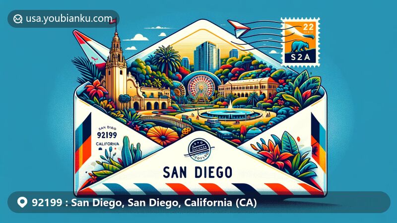 Modern illustration of San Diego postal theme with ZIP code 92199, featuring Balboa Park, San Diego Zoo, and California state flag.