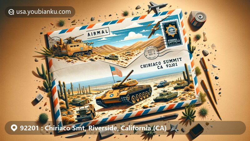 Modern illustration of General George S. Patton Memorial Museum in Chiriaco Summit, California, featuring tank and military memorabilia on an airmail envelope, set against desert backdrop seamlessly blending with typical California desert vegetation, highlighted by California state flag and postal stamp 