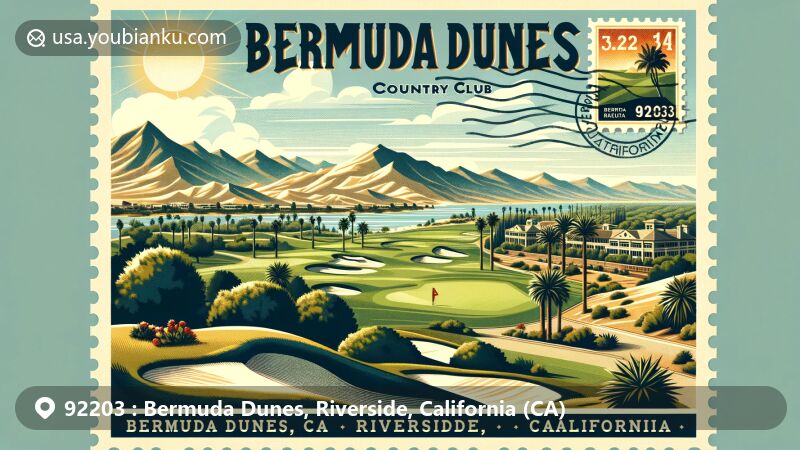 Modern illustration of Bermuda Dunes, Riverside County, California, featuring Bermuda Dunes Country Club and scenic desert landscape with prominent mountains, lush golf course, palm trees, and vintage postage elements.