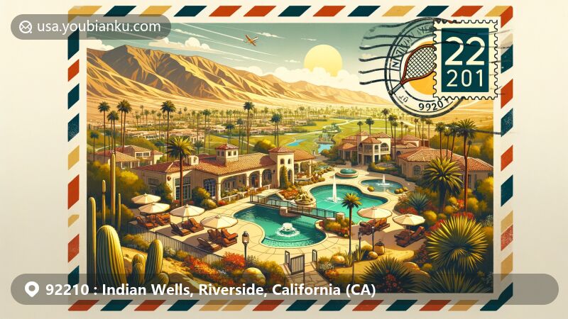 Modern illustration of Indian Wells, Riverside County, California, capturing the vibrant and upscale community with a focus on Indian Wells Tennis Garden, showcasing the desert landscape and leisurely lifestyle, featuring a postcard design with a postal theme.