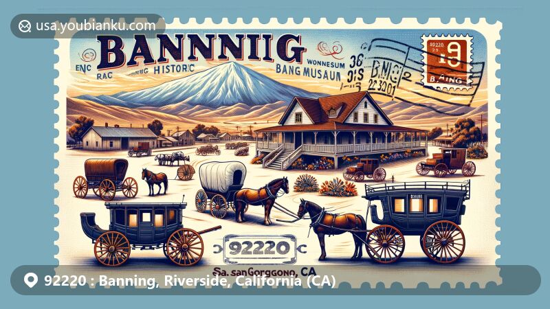 Modern illustration of Banning, California, showcasing Gilman Historic Ranch and Wagon Museum, San Gorgonio Pass vistas, Mt. San Gorgonio and Mt. San Jacinto, postcard design, vintage stamp with ZIP code 92220, and Banning postmark.