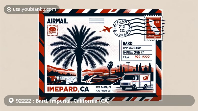 Modern illustration of Bard, Imperial County, California, showcasing postal theme with ZIP code 92222, featuring airmail envelope with date palm tree from Imperial Date Gardens, California state flag, and Imperial County map.