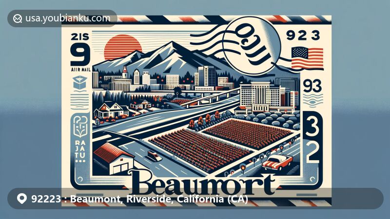 Modern illustration of Beaumont, Riverside County, California, featuring ZIP code 92223 and references to San Gorgonio Pass, San Bernardino Mountains, San Jacinto Mountains, cherry orchards, Annual Cherry Festival, Oak Valley Greens, Sundance, postage stamp, postmark, and American flag.