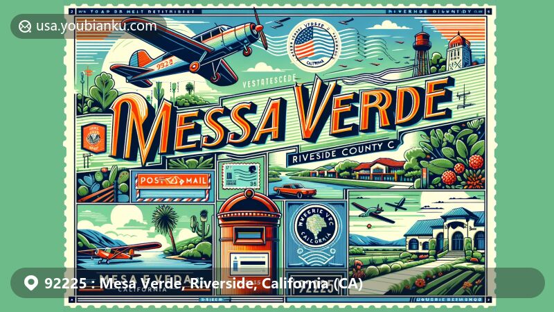 Modern illustration of Mesa Verde, Riverside County, California, showcasing postal theme with ZIP code 92225, featuring desert landscape, Blythe Airport, and California state flag.
