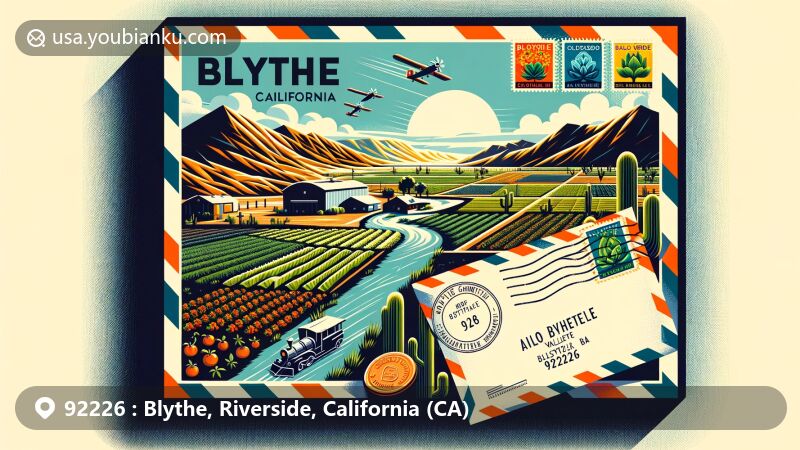 Modern illustration of Blythe, Riverside County, California, capturing essence of postal communication with ZIP code 92226, featuring Blythe Intaglios, Palo Verde Valley, airmail elements, stamps, and Colorado River.