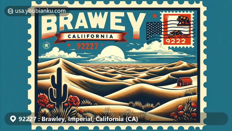 Modern illustration of Brawley, Imperial County, California, capturing the beauty of its natural surroundings, including the iconic sand dunes of Imperial Sand Dunes, integrated with postal theme and ZIP code 92227.
