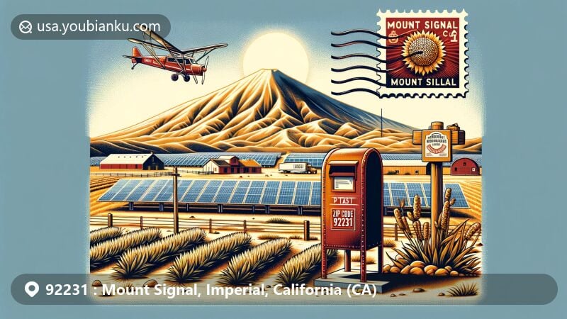 Modern illustration of Mount Signal area, Imperial County, California, capturing agricultural essence with fields of alfalfa or sugar beets and Mount Signal Solar, showcasing historical landmark and postal theme with vintage air mail envelope featuring ZIP code 92231.