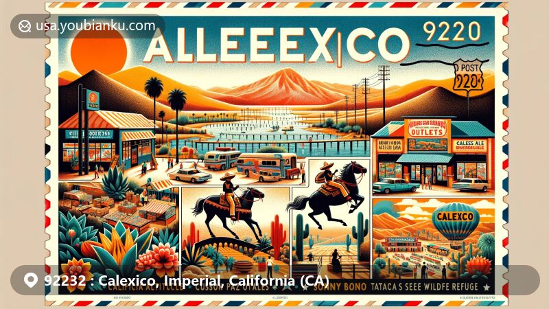 Vibrant illustration of Calexico, California, representing the fusion of American and Mexican cultures in ZIP code 92232, featuring Salton Sea landscapes, Mariachi Festival, and agricultural history.