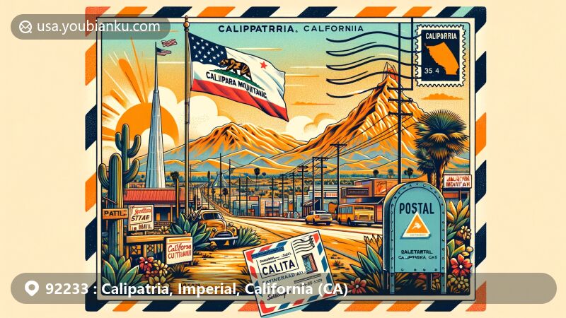 Vibrant illustration of Calipatria, California, capturing the essence of ZIP code 92233 with iconic landmarks like the world's tallest flagpole and Salvation Mountain, set in a sunny Imperial Valley backdrop with a vintage air mail design.