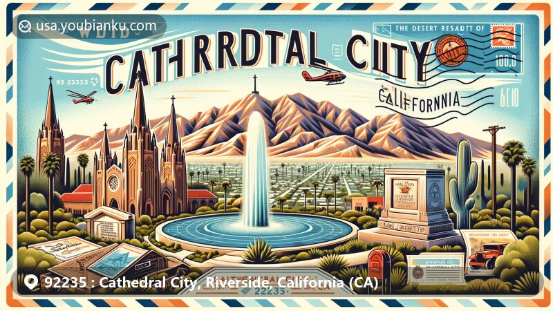 Modern illustration of Cathedral City, Riverside County, California, portraying desert resort ambiance within Coachella Valley, with Santa Rosa and San Jacinto Mountains in the background, featuring landmarks like Frank Sinatra Gravesite and Fountain of Life, integrated with postal theme showcasing ZIP code 92235.
