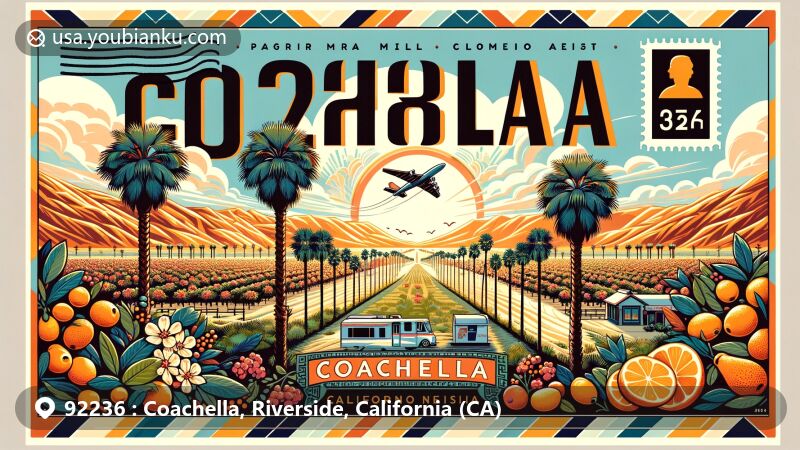 Modern illustration of Coachella, California, featuring ZIP code 92236, showcasing desert landscape in the Colorado Desert, agricultural richness with date palms and citrus fruits, bilingual nature, and vibrant colors.