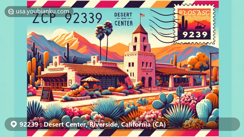 Modern illustration of Desert Center, Riverside County, California, resembling a postcard with ZIP code 92239, highlighting the iconic adobe-style café of Stephen Ragsdale and General Patton Memorial Museum.