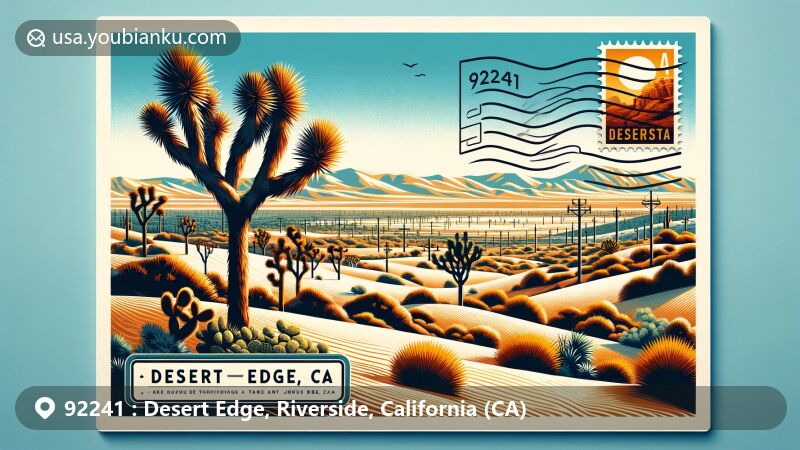Modern illustration of Desert Edge, California, featuring iconic Joshua trees and expansive desert landscape, with postage elements like stamps and postmarks.