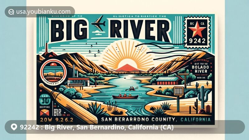 Modern illustration of Big River, San Bernardino County, California, showcasing the serene Colorado River and picturesque landscape, featuring local water and desert themes.